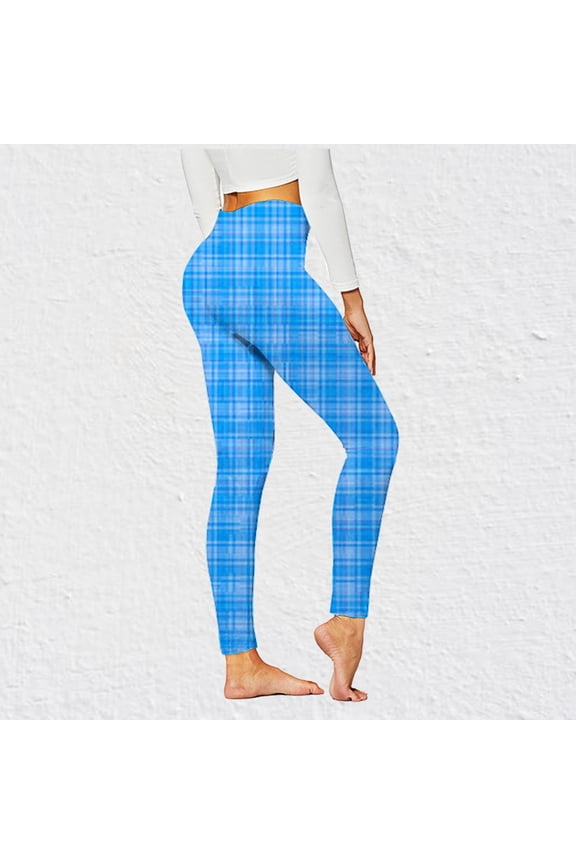 Butt Lifting Womens Leggings Compression Blue Buttery Soft High Waisted Yoga Pants Plaid Full Workout Leggings with Pockets