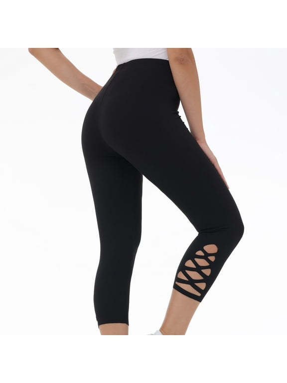 Buttery Soft Capri Leggings for Women Cutout High Waisted Black Beach Yoga Pants Solid 7/8th Gym Leggings with Pockets