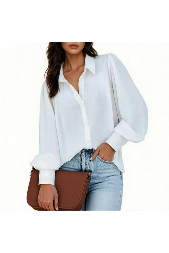 Button Down Blouses Women White Fall Shirts Collared Long Sleeve Solid Blouses for Women