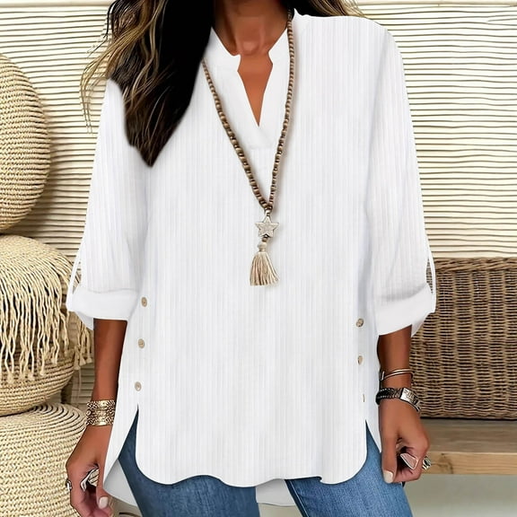Sakmal Button Down Blouses Women White Plus Size Dressy Casual Tops V Neck Long Sleeve Solid Blouses for Women