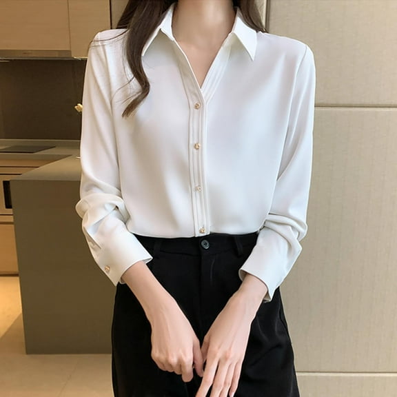 Sakmal Button Down Blouses for Women Dressy Casual White Shirts Long Sleeve Solid Collared Shirts for Women