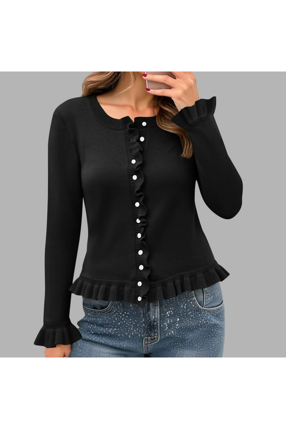 Button Down Cardigan Sweaters Womens Ruffle Knitted Comfy Peplum Cardigan Long Sleeve Black Sweater