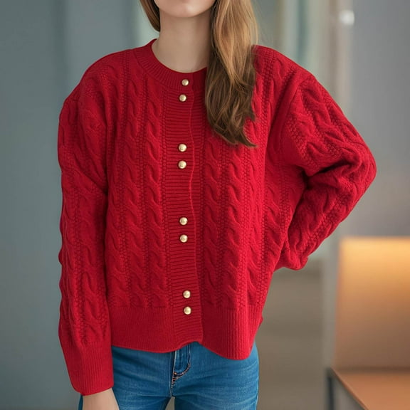 Sakmal Button Down Cardigan Sweaters for Women Trendy Loose Cardigan Long Sleeve Solid Red Sweater