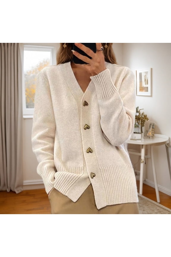 Button Down Chunky Cardigan Sweaters for Women Fall Winter Lightweight Cardigan Long Sleeve Beige Sweater Coat