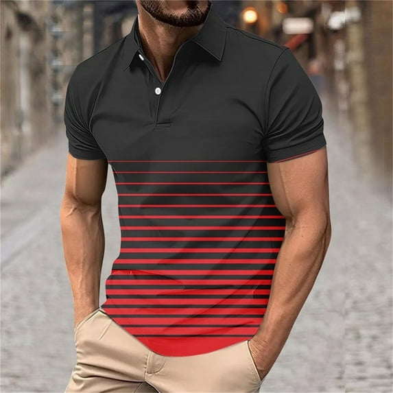 Sakmal Button Down Polo Shirts Men Summer Short Sleeve Tshirts Red Business Casual Gradient Shirts for Men 3XL