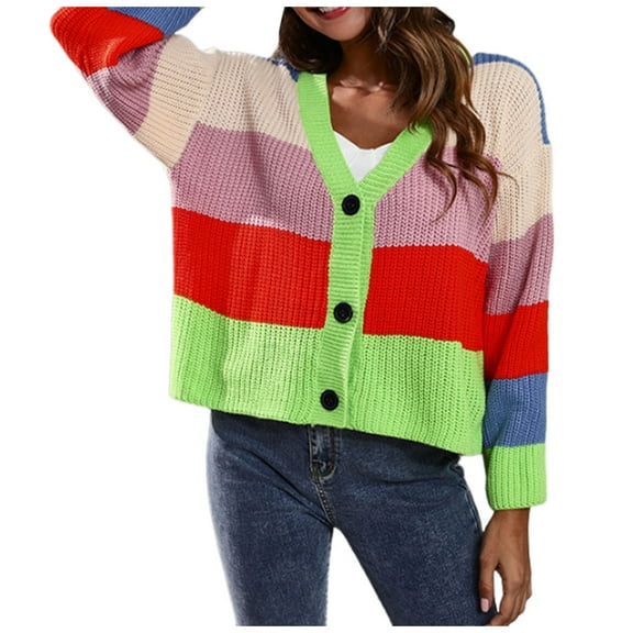 Sakmal Button Down Women Cardigan Sweater Comfy Fall Winter Cardigan Green Color Block Long Sleeve Sweater