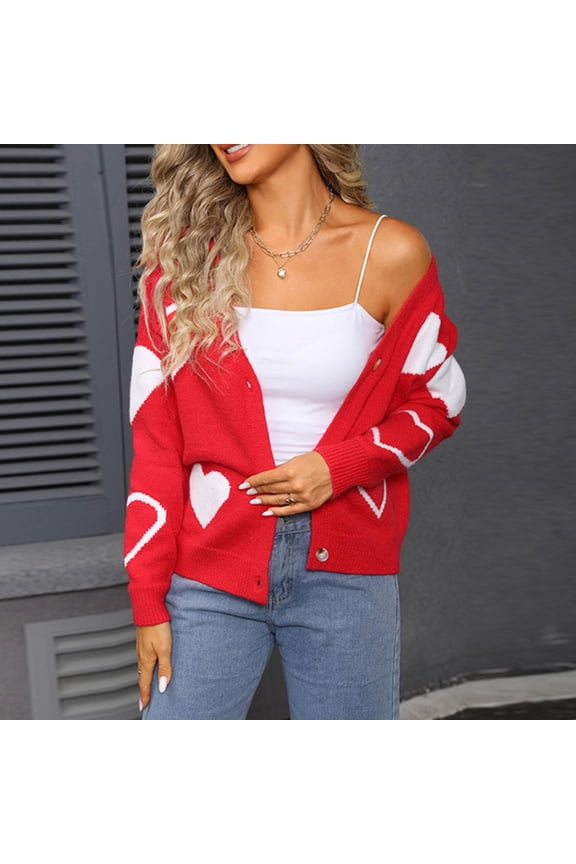 Button Down Womens Cardigan Sweaters Fashion Cute Cardigan Long Sleeve Red Heart Print Sweater