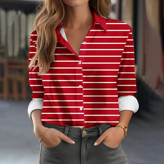 Sakmal Button Down Womens Shirts Plus Size Garnet Fall Shirts Long Sleeve Striped Collared Blouses for Women