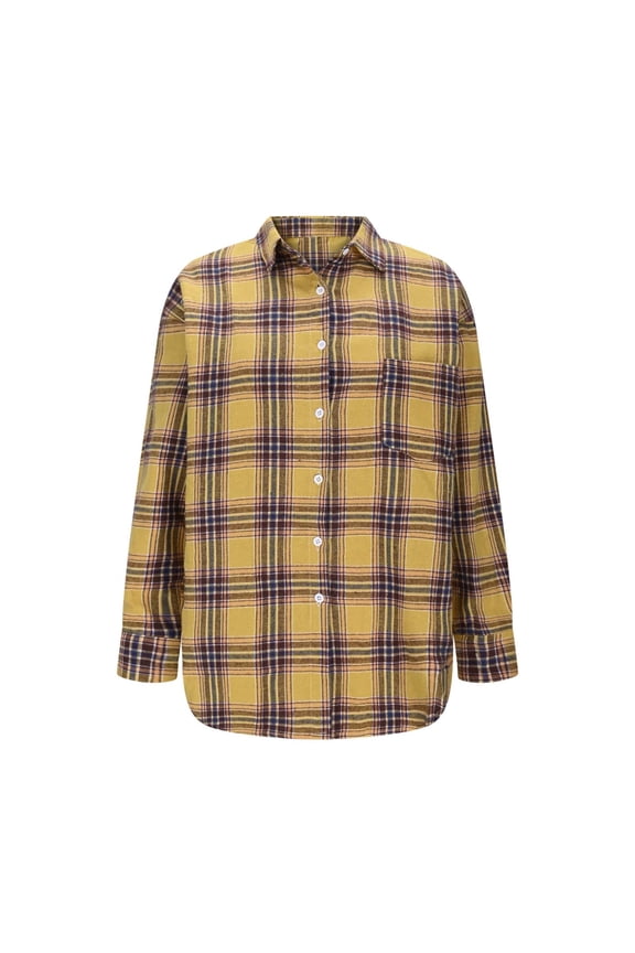 Button Down Womens Tops Yellow Cute Shirts Collared Long Sleeve Plaid Shirts with Pockets