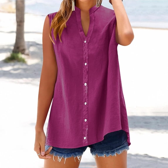 Sakmal Button Up Womens Tank Tops Double Lined Cotton Linen V Neck Plus Size Shirts Solid Purple Beach Vacation Tank Tops for Women 4XL