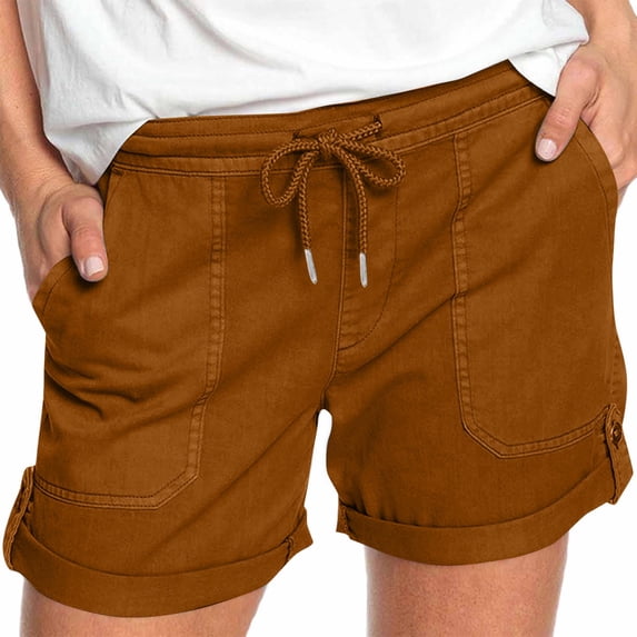 Sakmal Camping Shorts Women Gold Drawstring Cargo Solid Mid Rise 5 Inch Inseam Shorts with Pockets