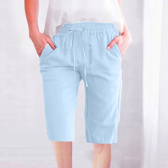Sakmal Capri Pants Summer Pants for Women Cropped Blue with Pockets Solid Knot Ladies Pants