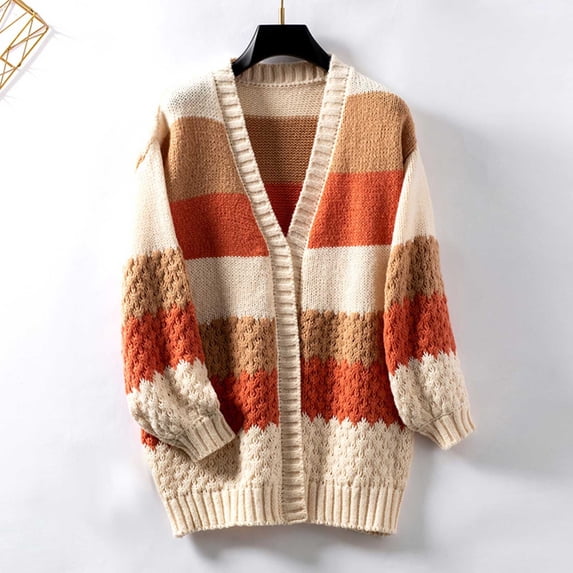 Sakmal Cardigan Sweaters Women Soft Knitted Open Front Tunic Cardigan Color Block Long Orange Outwear Coat