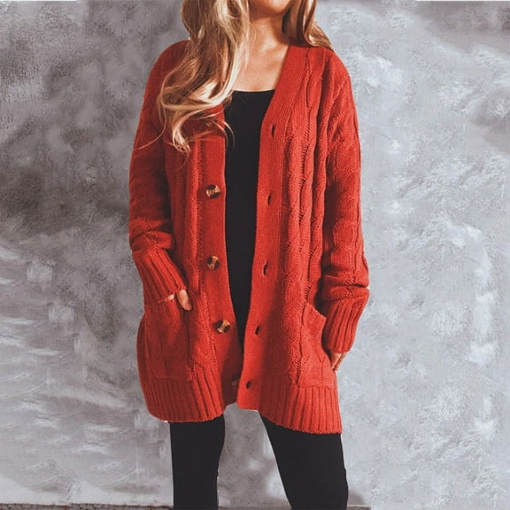 Sakmal Cardigan Sweaters Womens Loose Button Down Soft Cardigan Red Long Sleeve Sweater with Pockets