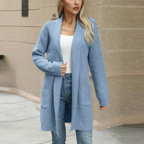 Sakmal Cardigan Sweaters for Women Cute Open Front Fashion Tunic Cardigan Blue Long Sweater Coat with Pockets