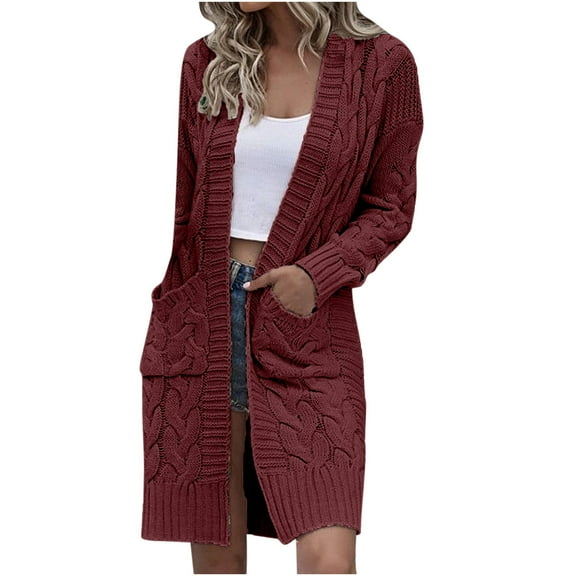 Sakmal Cardigan Sweaters for Women Knit Casual Tunic Open Front Cardigan Long Red Sweater Coat with Pockets