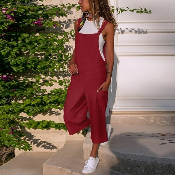 Sakmal Cargo Jumpsuits for Women Casual Plus Size Solid Cottonand Linen Wide Leg Overalls Square Neck Red Cropped Sleeveless Pants for Women