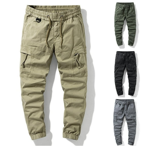Sakmal Cargo Pants Men Cotton Jogger High Waisted Elastic Waist Green Multi Pockets Regular Mens Pants L