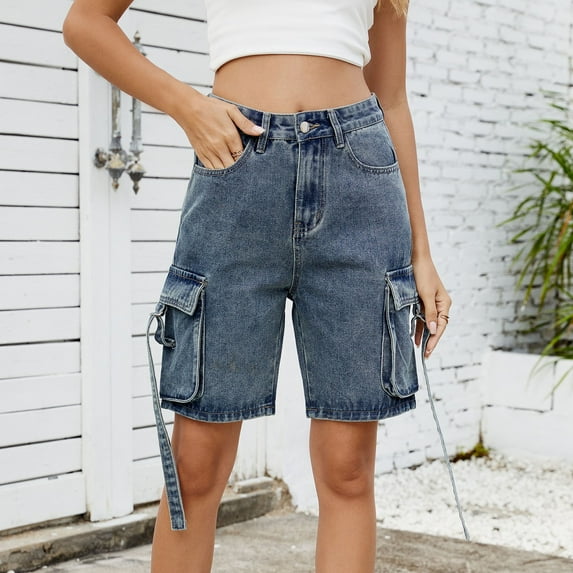 Sakmal Cargo Shorts Women Jean Blue Denim 7 Inch Inseam Solid Mid Rise Shorts with Pockets