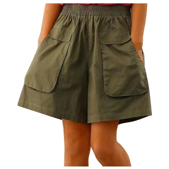 Sakmal Cargo Women's Shorts Green Khaki Wide Leg High Waisted Solid 6" Shorts with Pockets