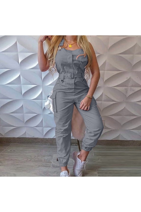 Cargo Womens Jumpsuit Sleeveless Gray Plus Size Workout Overalls Solid Crew Neck Full Jogger Pants with Pockets