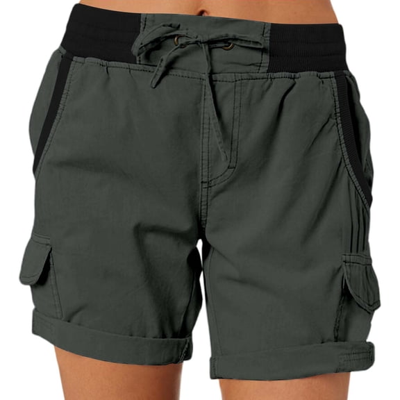 Sakmal Cargo Womens Khaki Shorts Cotton Wide Leg Plus Size Lightweight Gray Color Block Womens Shorts with Pockets