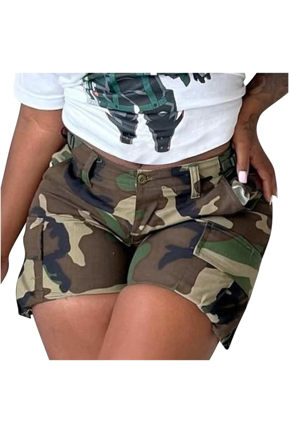 Cargo Womens Shorts Camping Climbing Green High Waisted Camo 4" Shorts with Pockets