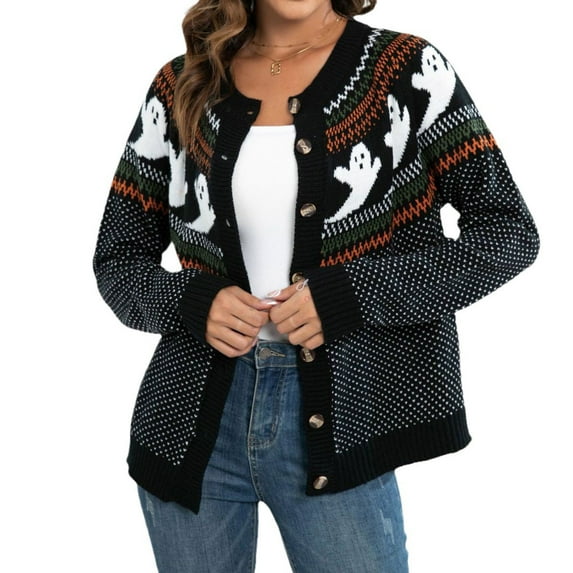 Sakmal Casual Cardigan Sweaters Womens Loose Button Down Halloween Cardigan Long Sleeve Black Ghost Print Sweater Coat
