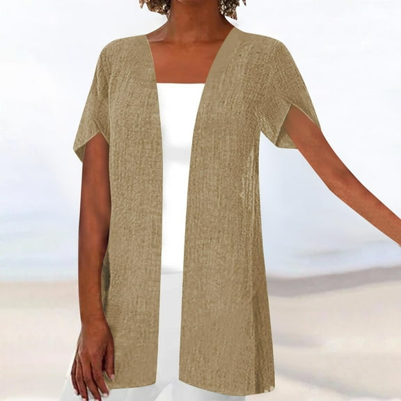 Sakmal Casual Coats for Women Plus Size Lightweight Yellow Short Sleeve Loose Fit Cardigan Solid Ladies Jackets