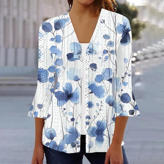 Sakmal Casual Coats for Women Plus Size Long Sleeve Sleeve Lightweight White Cardigan Loose Fit Flowy Floral Ladies Coat