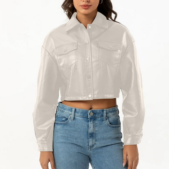 Sakmal Casual Coats for Women Plus Size Long Sleeve Beige Solid Button Down Leather Jackets for Women Plus Size