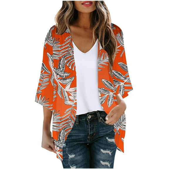 Sakmal Casual Coats for Women Plus Size Long Sleeve Sleeve Lightweight Orange Cardigan Loose Fit Chiffon Graphic Flowy Jacket for Ladies
