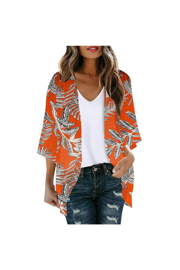 Casual Coats for Women Plus Size Long Sleeve Sleeve Lightweight Orange Cardigan Loose Fit Chiffon Graphic Flowy Jacket for Ladies