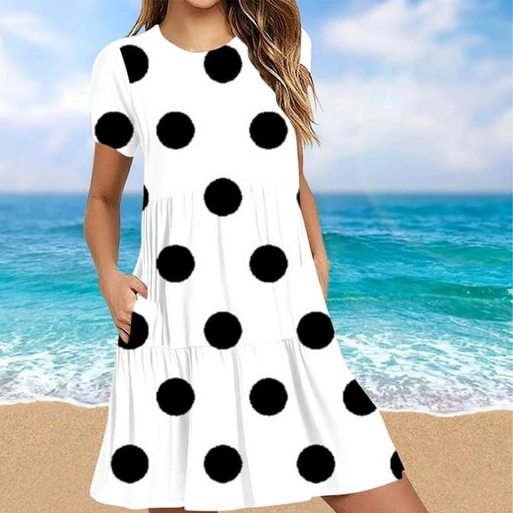 Sakmal Casual Dresses for Women Crew Neck Long White Short Sleeve Tiered Loose Fit Polka Dot with Pocket Sundress