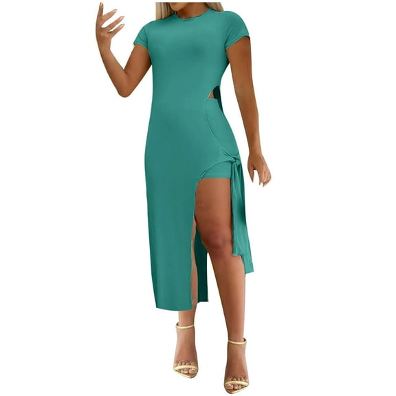 Sakmal Casual Dresses for Women Opening Sexy Bodycon Solid Short Sleeve Green Comfort Fit Long Sheath Dress