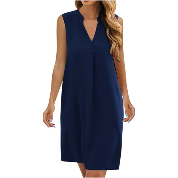 Sakmal Casual Dresses for Women V-Neck Blue Mid-Length Loose Fit Sleeveless Solid Comfy Shift Dress
