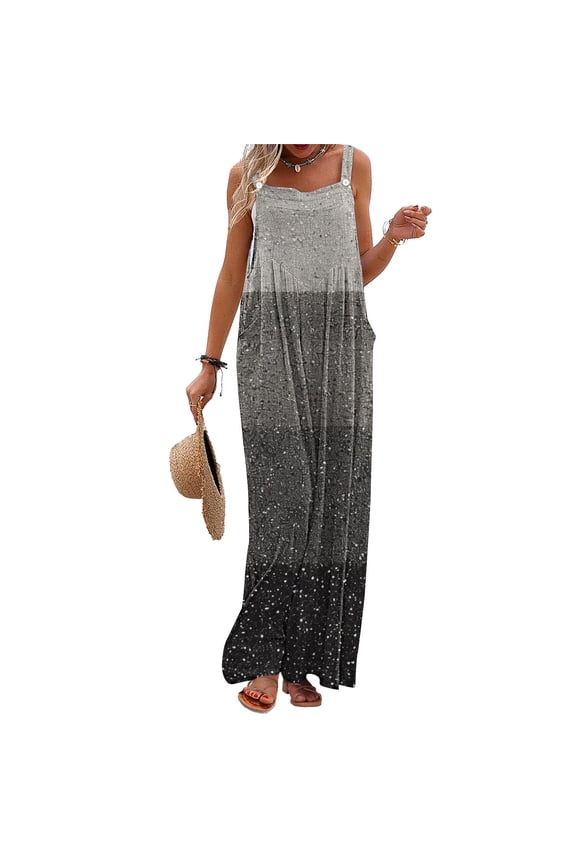 Casual Jumpsuits for Women Patchwork Boho Wide Leg Beach Overalls Sleeveless Long Square Neck Gray Pants for Women