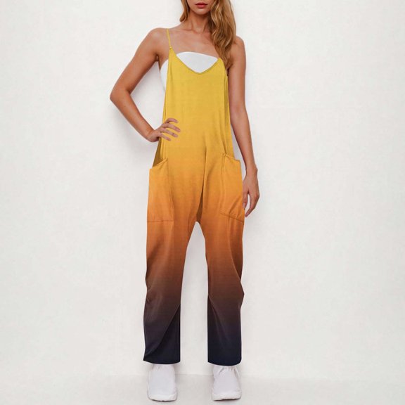 Sakmal Casual Jumpsuits for Women Plus Size Workout Yellow Sleeveless Overalls Gradient Straight Leg V Neck Long Pants with Pockets