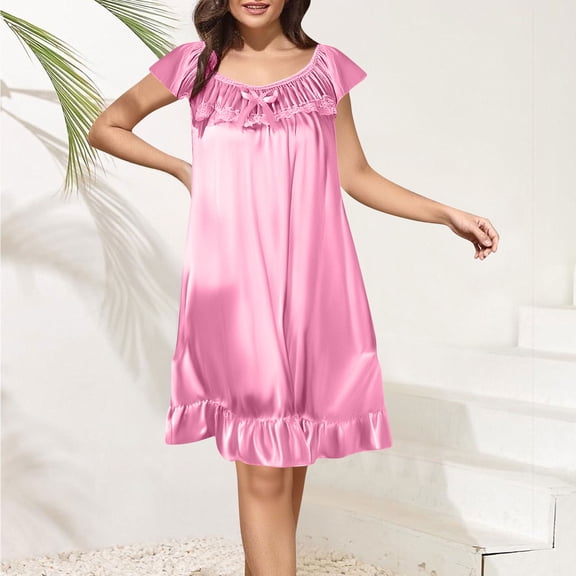 Sakmal Casual Moo Moo Nightgown for Women Gold Ruffle Silky Knee Length Sleepshirt Short Sleeve Floral Nightgowns for Women