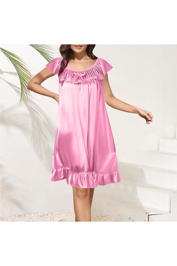 Casual Moo Moo Nightgown for Women Gold Ruffle Silky Knee Length Sleepshirt Short Sleeve Floral Nightgowns for Women