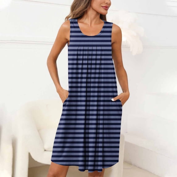Sakmal Casual Moomoo Sleep Dress for Women Knee Length Blue Pleated Nightshirt Striped Sleeveless Sleep Tanks with Pockets