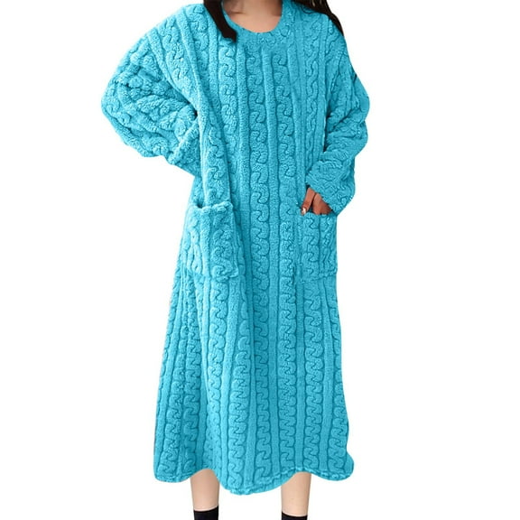 Sakmal Casual Moomoo Womens Nightgown Long Blue Sweater Dress Sleepwear Solid Long Sleeve Nightgowns with Pockets