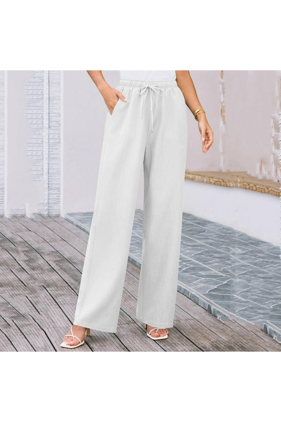 Casual Pants Women Straight Leg Pleated Cotton Linen Work High Waisted Full Length Plain White Pants with Pockets