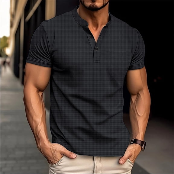 Sakmal Casual Shirt Mens Short Sleeve Notch Neck Black Solid Button Tees Tops
