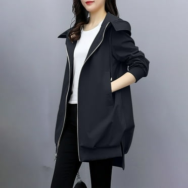 Sakmal Casual Spring Coats for Women Black Long Sleeve with Hoods Lightweight with Pockets Solid Trench Womens Jackets Plus Size