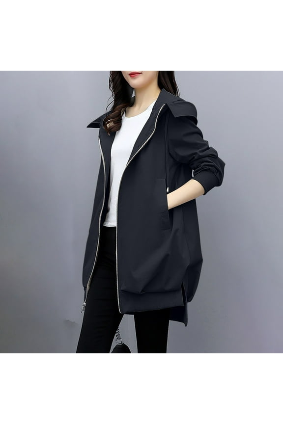 Casual Spring Coats for Women Black Long Sleeve with Hoods Lightweight with Pockets Solid Trench Womens Jackets Plus Size