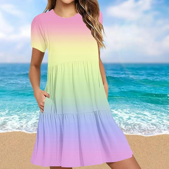 Sakmal Casual Summer Dresses for Women Basic Loose Fit Gradient with Pocket Comfort Fit Green Short Sleeve Long Sundress