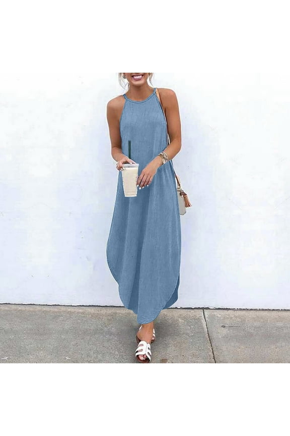Casual Summer Dresses for Women Crew Neck Maxi Blue Solid Denim Sleeveless Loose Fit Sundress