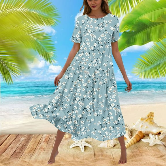 Sakmal Casual Summer Dresses for Women Floral Ruffle Boho Blue Short Sleeve Comfort Fit Maxi Sundress