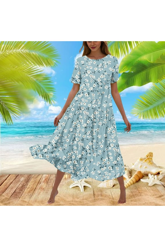 Casual Summer Dresses for Women Floral Ruffle Boho Blue Short Sleeve Comfort Fit Maxi Sundress